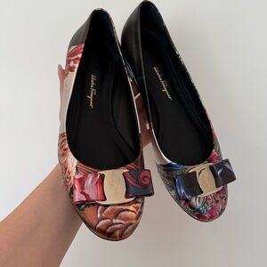 Salvatore Ferragamo Multicolor Floral Vara Bow Leather Flats